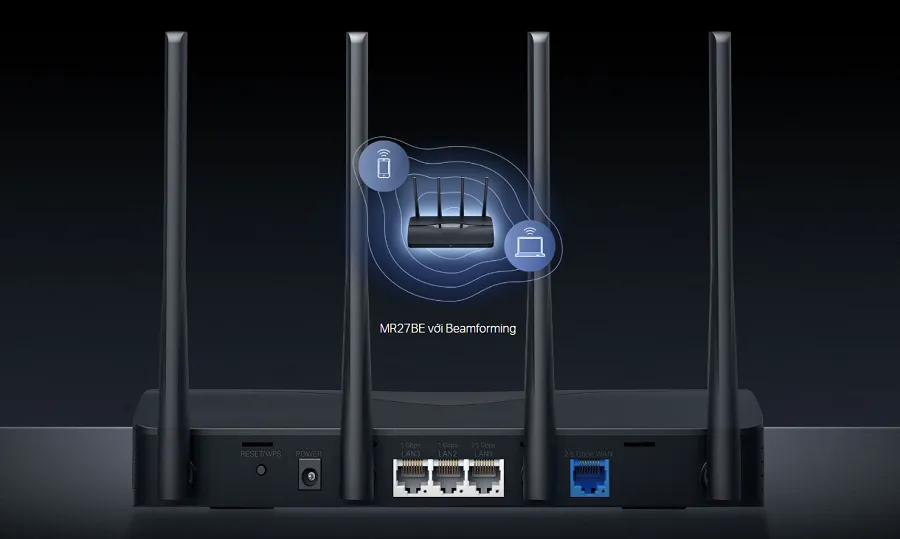 Bộ phát Wifi Mercusys MR27BE sở hữu 4 ăng ten được đặt ở ngoài