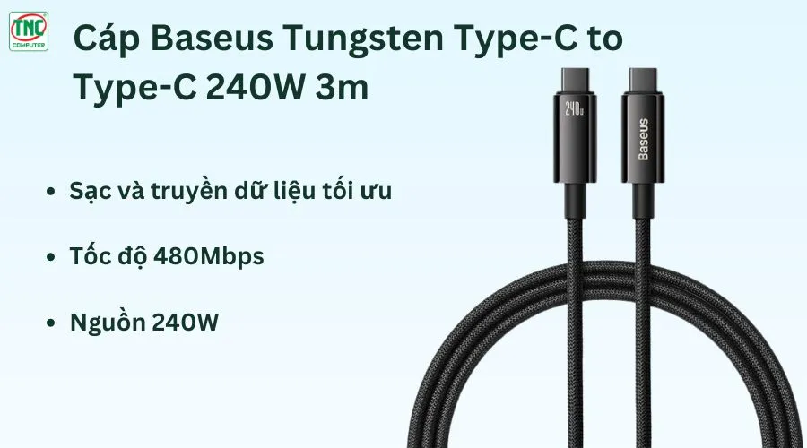 Cáp Baseus Tungsten Type-C to Type-C 240W 3m CAWJ040201