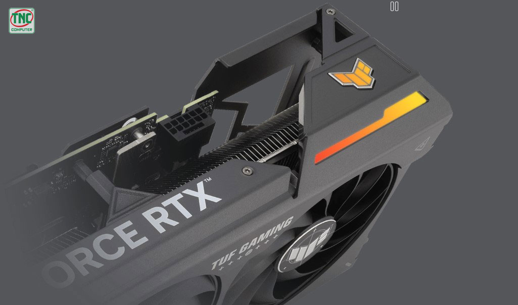 Card màn hình Asus TUF Gaming GeForce RTX 4070 SUPER 12GB GDDR6X OC Edition được trang bị hệ thống đèn chiếu sáng ấn tượng
