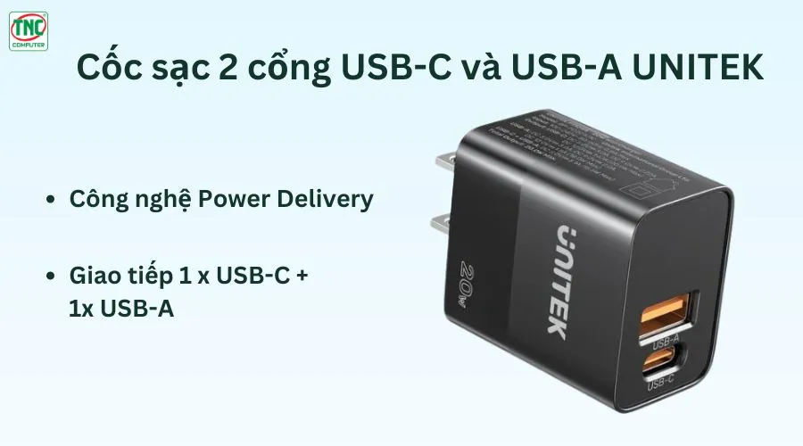 Cốc sạc 2 cổng USB-C và USB-A UNITEK P1124ABK01-US