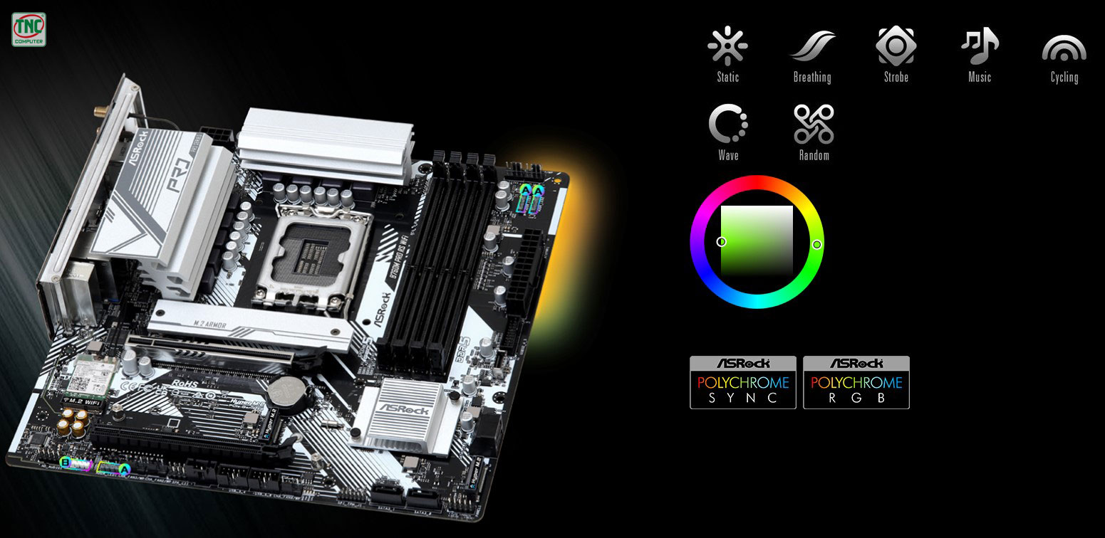 Mainboard ASRock B760M PRO RS WIFI tích hợp hệ thống đèn RGB chiếu sáng