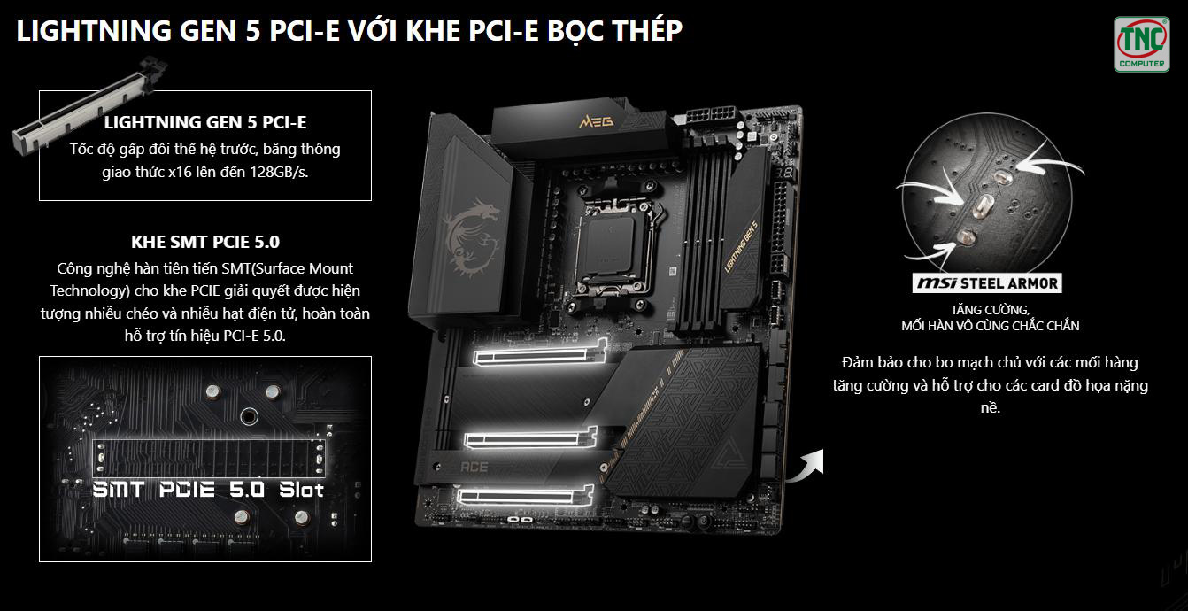 Mainboard MSI MEG X670E ACE sở hữu khe cắm PCle 5.0 cao cấp