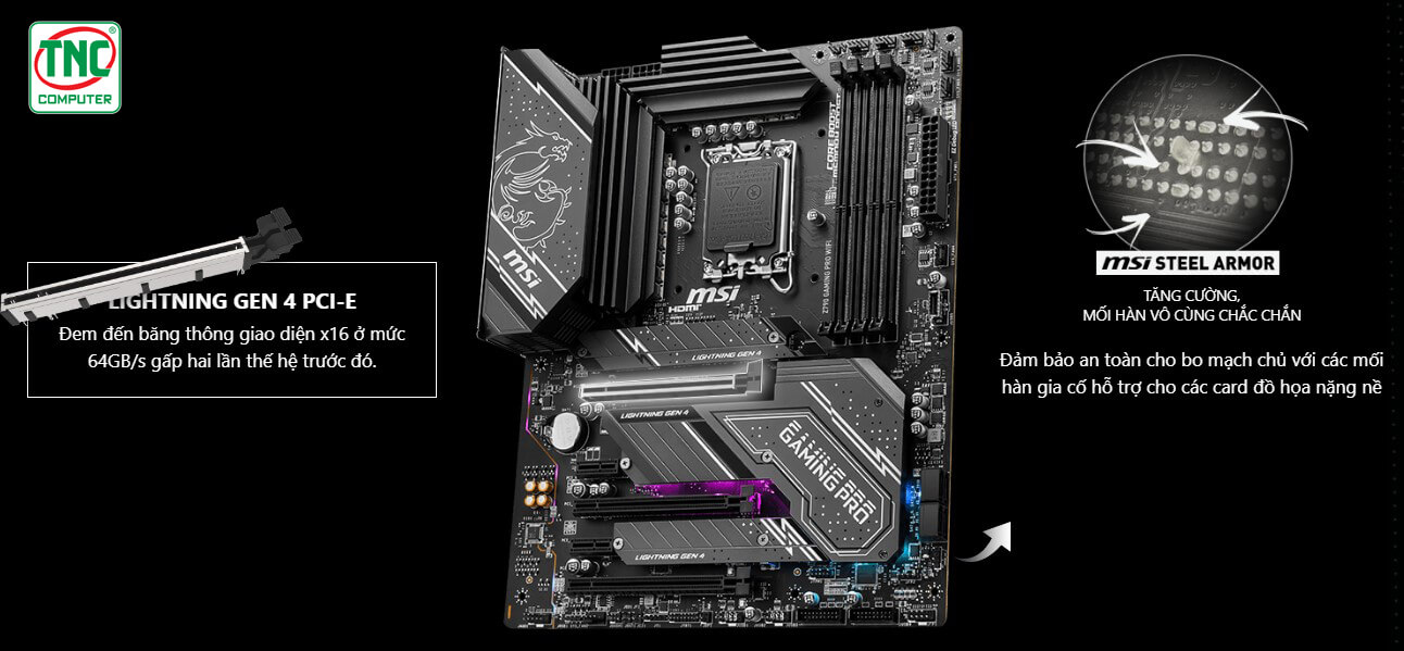 Mainboard MSI Z790 GAMING PLUS WIFI hỗ trợ Lightning Gen4 PCl-E bọc thép