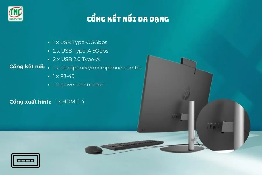 Máy bộ HP ProOne 240 G10 AIO 9H0B4PT sở hữu cổng kết nối đa dạng