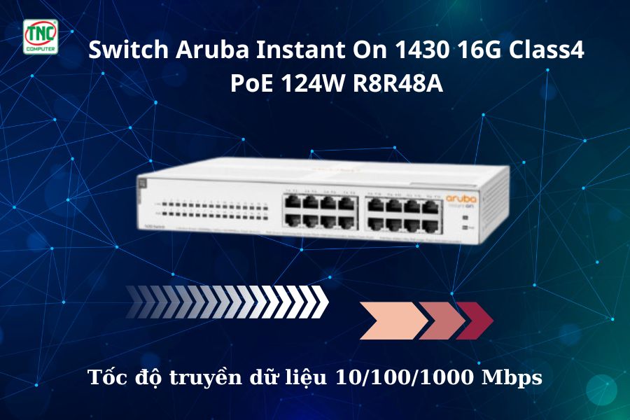 Switch Aruba Instant On 1430 16G Class4 PoE 124W R8R48A sở hữu tốc độ tuyền dữ liệu nhanh chóng
