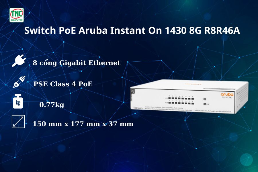 Switch PoE Aruba Instant On 1430 8G R8R46A có thiết kế hiện đại