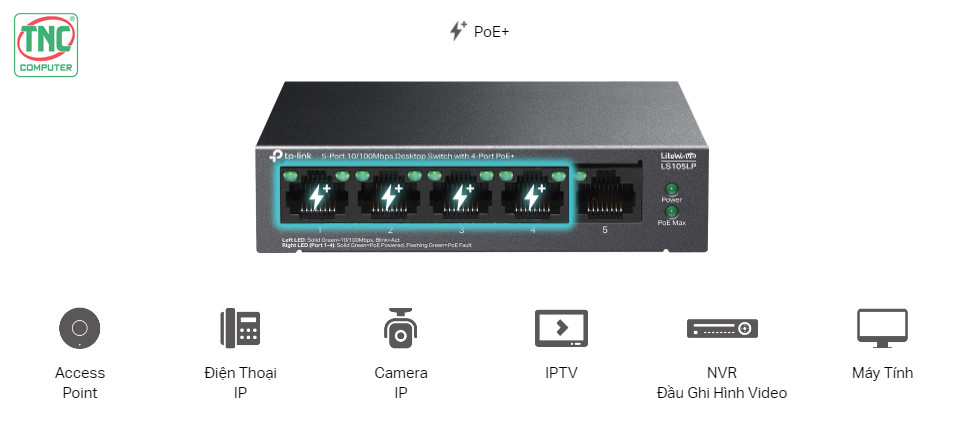 Switch PoE TP-Link LS105LP (5 port/ 10/100 Mbps) cấp nguồn điện qua cổng Ethernet an toàn