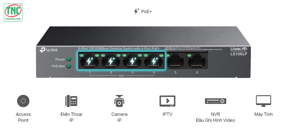 Switch PoE TP-Link LS106LP (6 port/ 10/100 Mbps) có khả năng cấp nguồn qua Ethernet