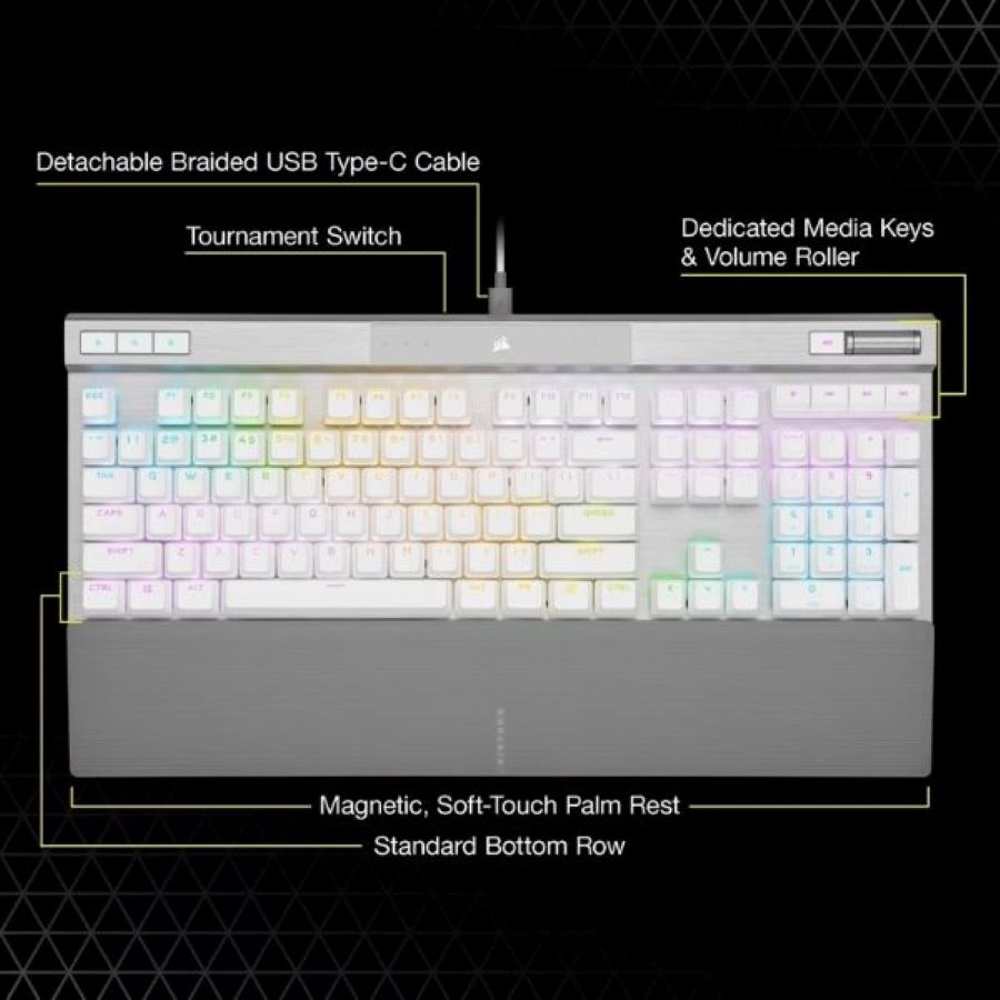 Bàn phím cơ có dây Corsair K70 PRO-WHT-OPX Silver-RGB