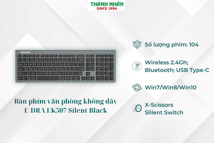 Bàn phím văn phòng không dây E-DRA EK507 Silent Black