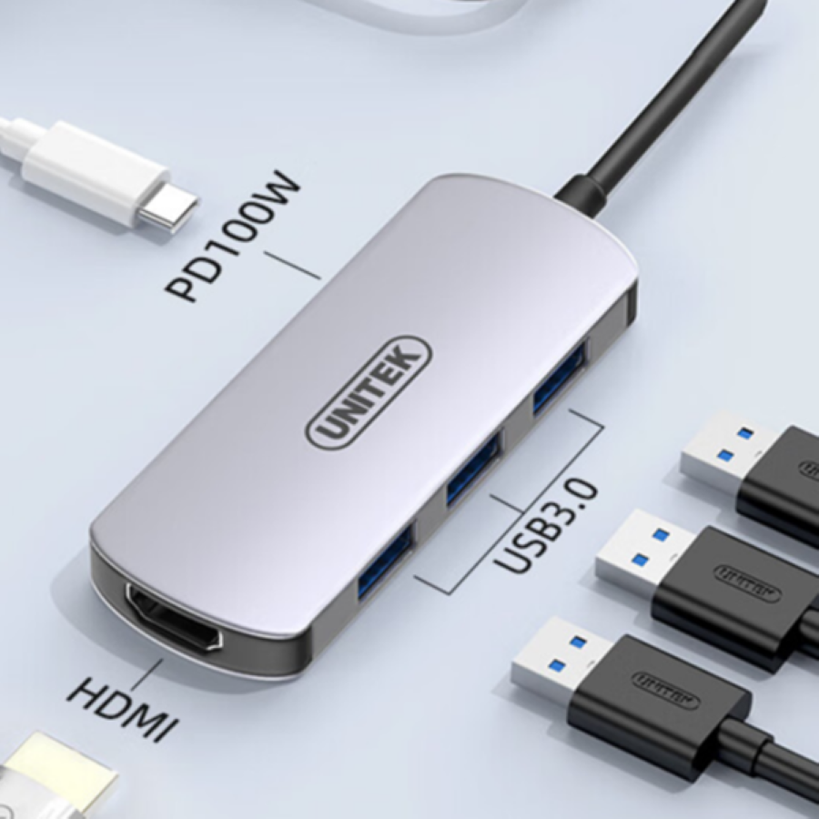 Bộ chia Type-C ra 3 cổng USB, HDMI, PD 100W Unitek D1121A