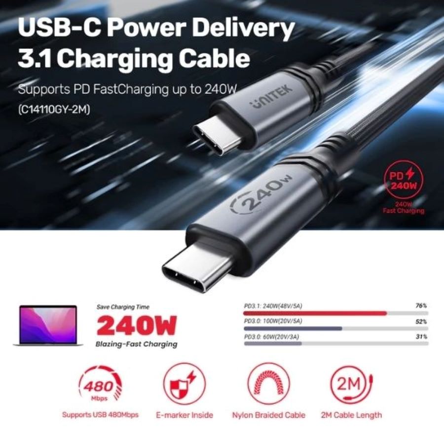 Cáp sạc USB-C Power Delivery 3.1 UNITEK C14110GY-2M
