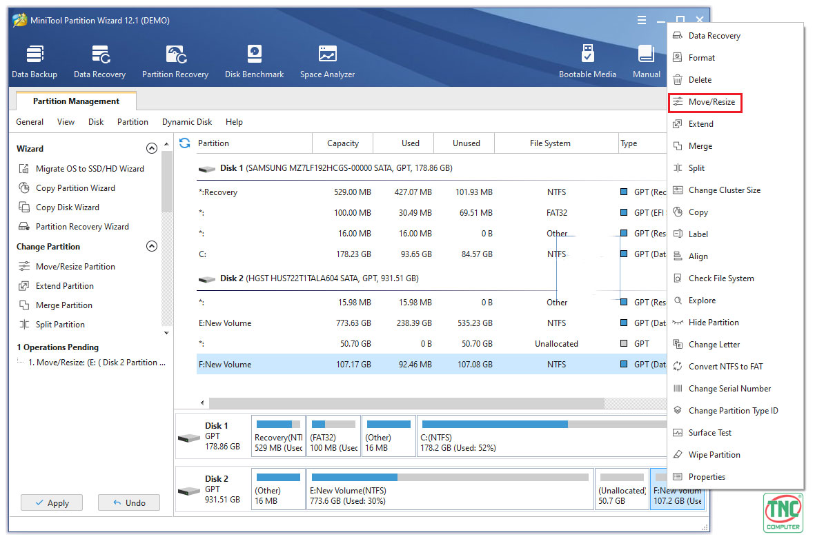 Nhấn chuột phải và chọn chức năng Move/Resize tương tự như cách làm ở ổ đĩa E