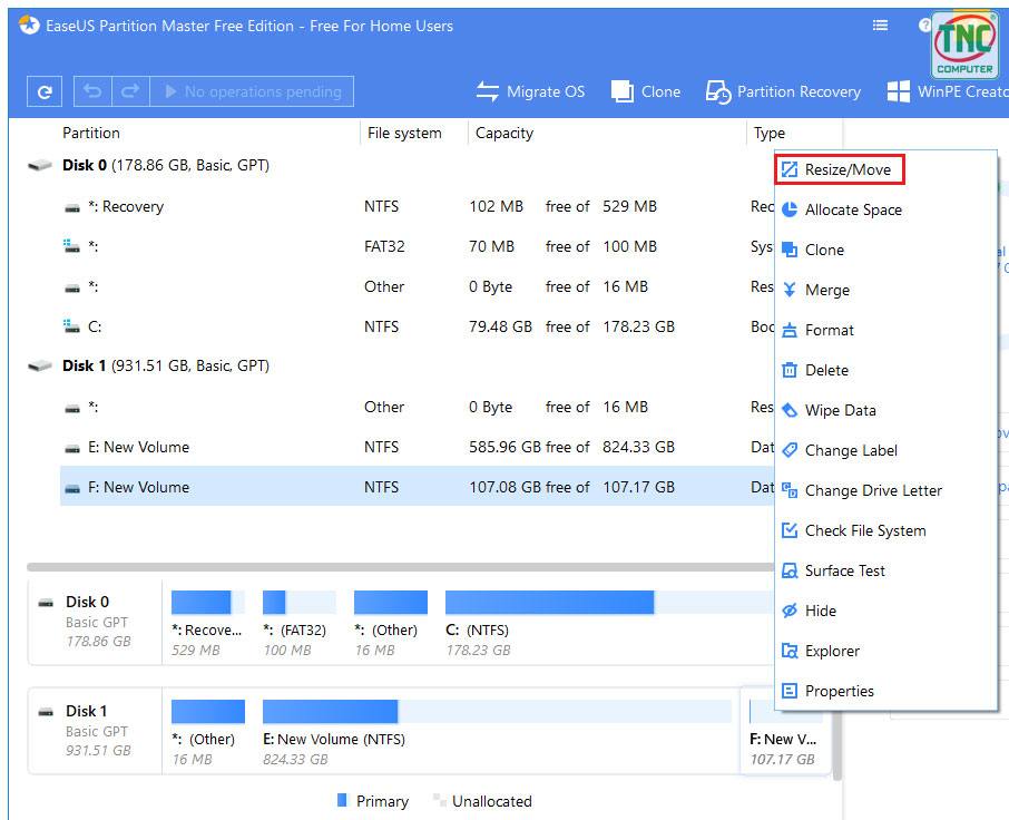 Click vào chuột phải chọn Resize/ Move partition