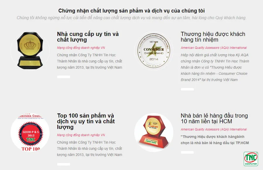Chứng nhận chất lượng sản phẩm, dịch vụ Thành Nhân TNC