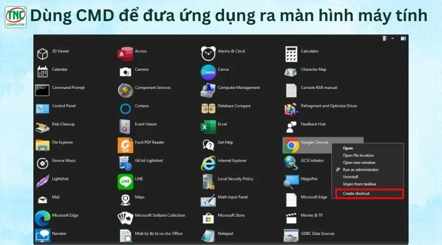 không đưa được ứng dụng ra màn hình máy tính