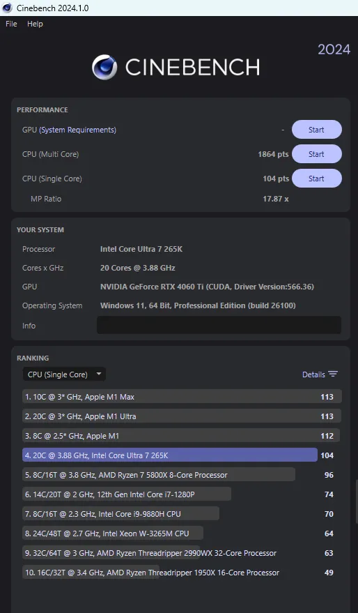 Kết quả Cinebench 2024