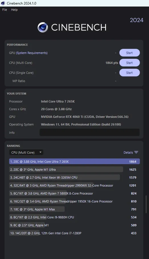 Kết quả Cinebench 2024 của Intel Core Ultra 7 265K