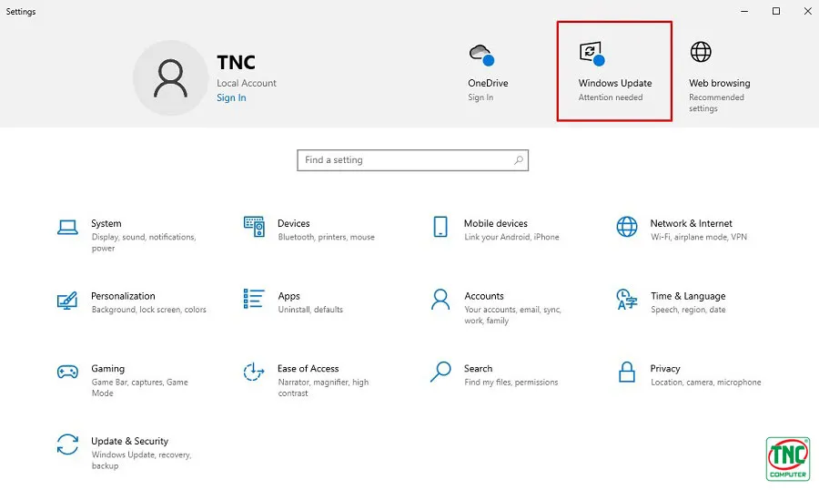 Vào Settings Windows > Chọn Windows Update