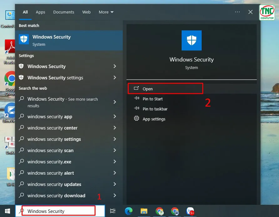 Mở ứng dụng Windows Security