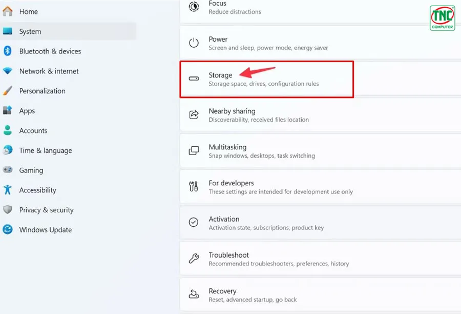 Chọn System và mở mục Storage