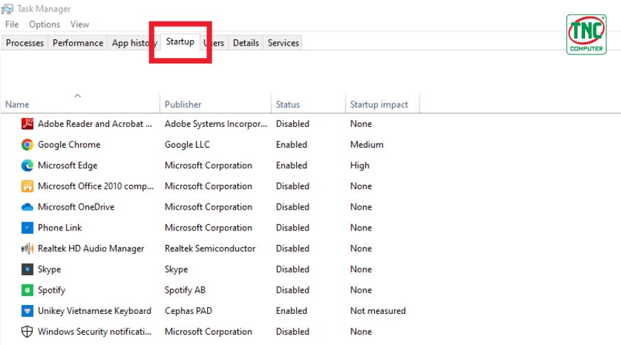 Tắt ứng dụng khởi chạy cùng win 10