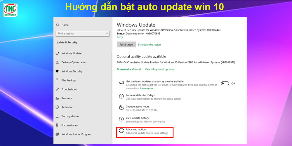 bật tắt update win 10