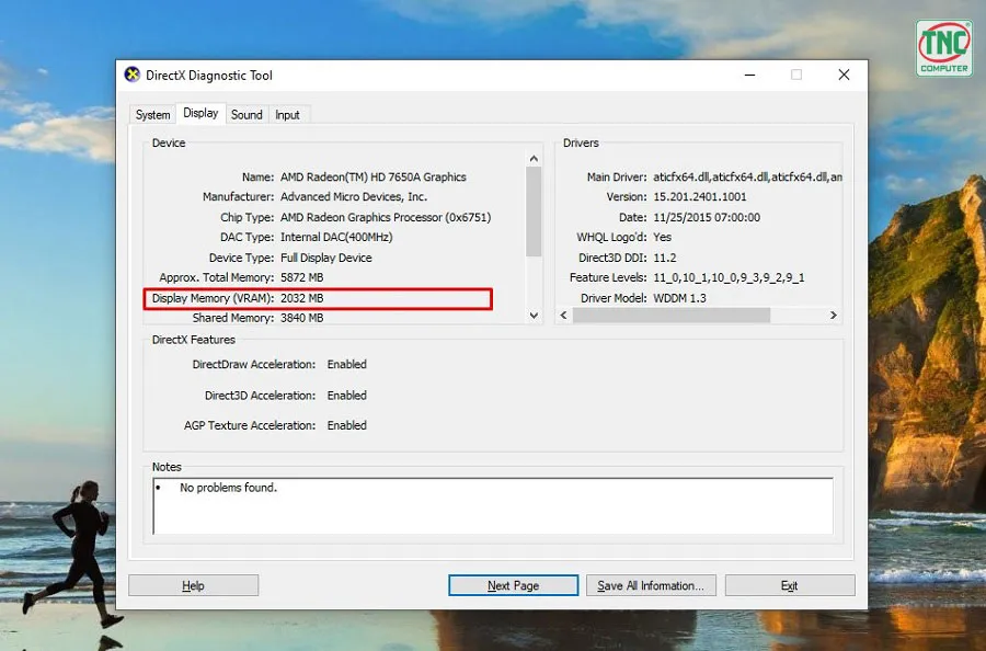 Tìm vào dòng Display Memory (VRAM) để kiểm tra VRAM
