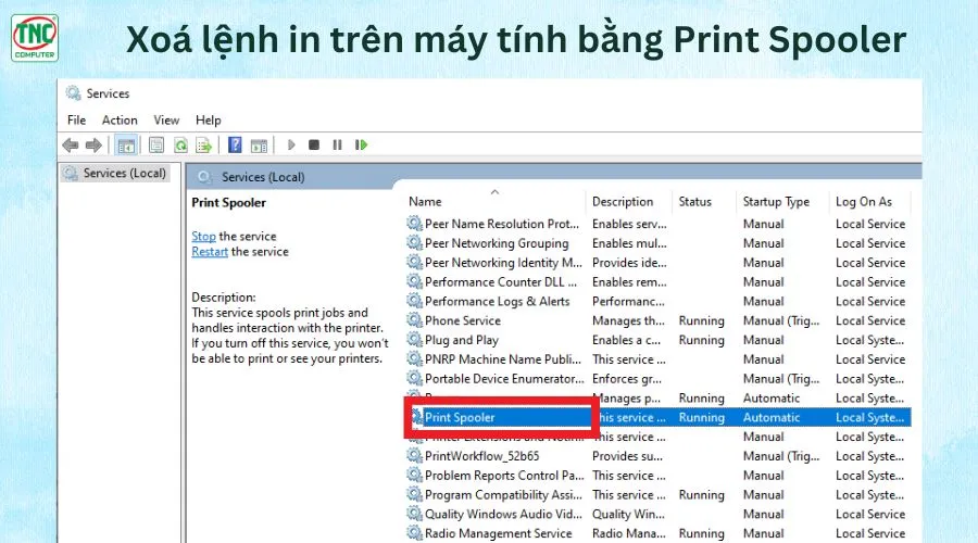 xóa bỏ lệnh in trên máy tính