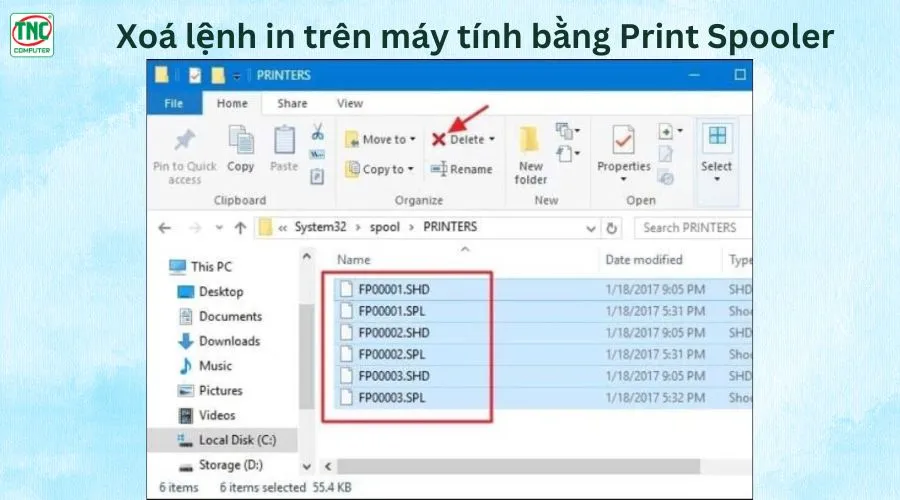 gỡ bỏ lệnh in trên máy tính