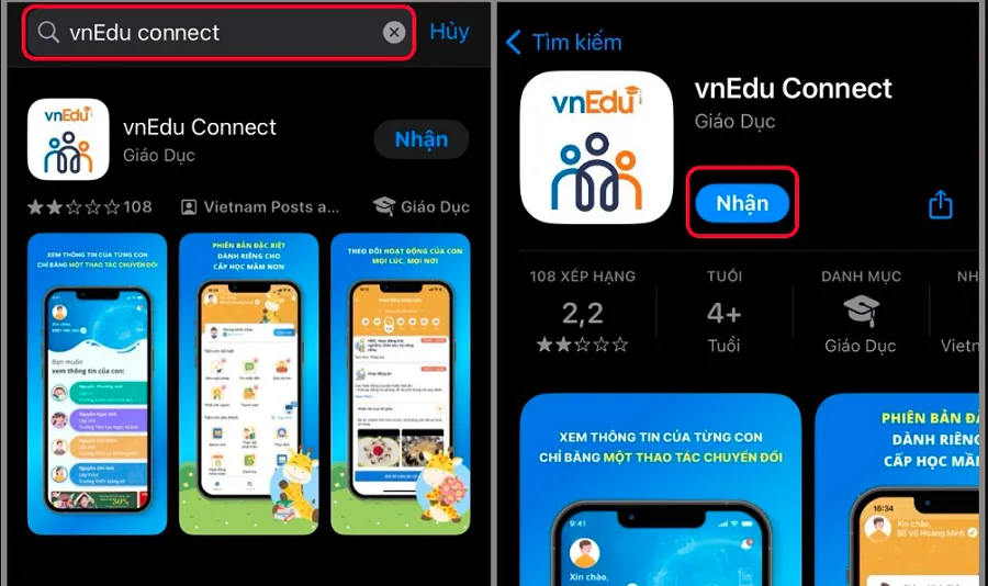 Chọn vào ứng dụng vnEdu Connect > Chọn Nhận