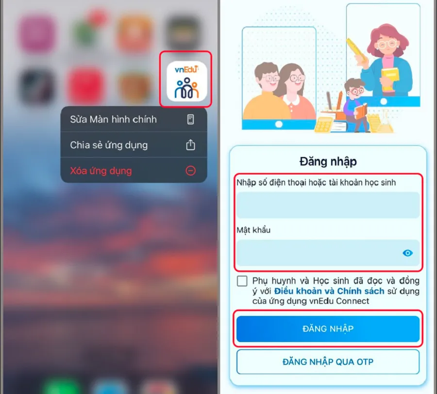 Nhập số điện thoại hoặc tài khoản của học sinh và mật khẩu > Chọn Đăng nhập
