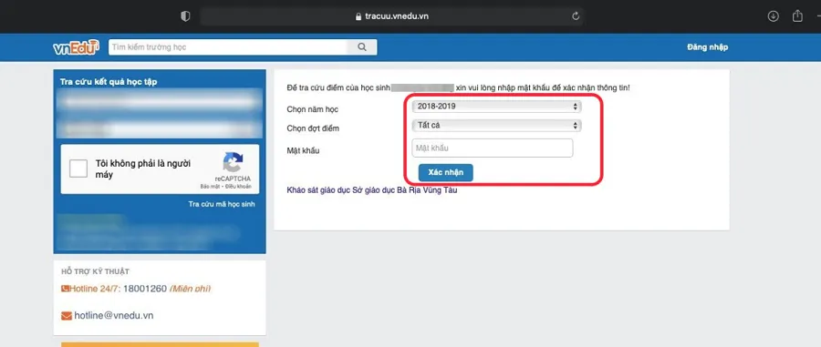 Chọn năm học, đợt điểm và nhập mật khẩu > Chọn Xác nhận