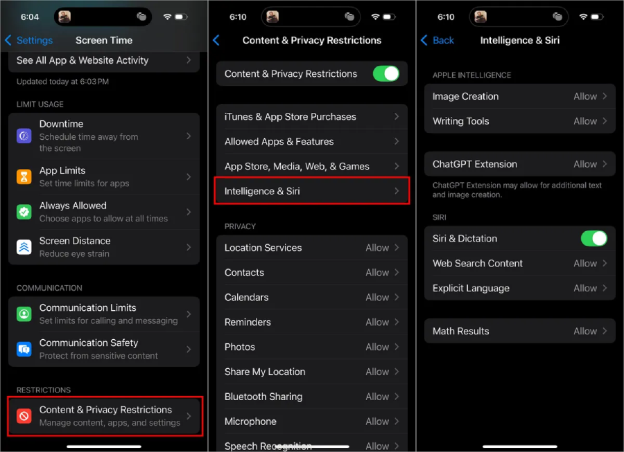 Cách tắt Apple Intelligence qua Screen Time