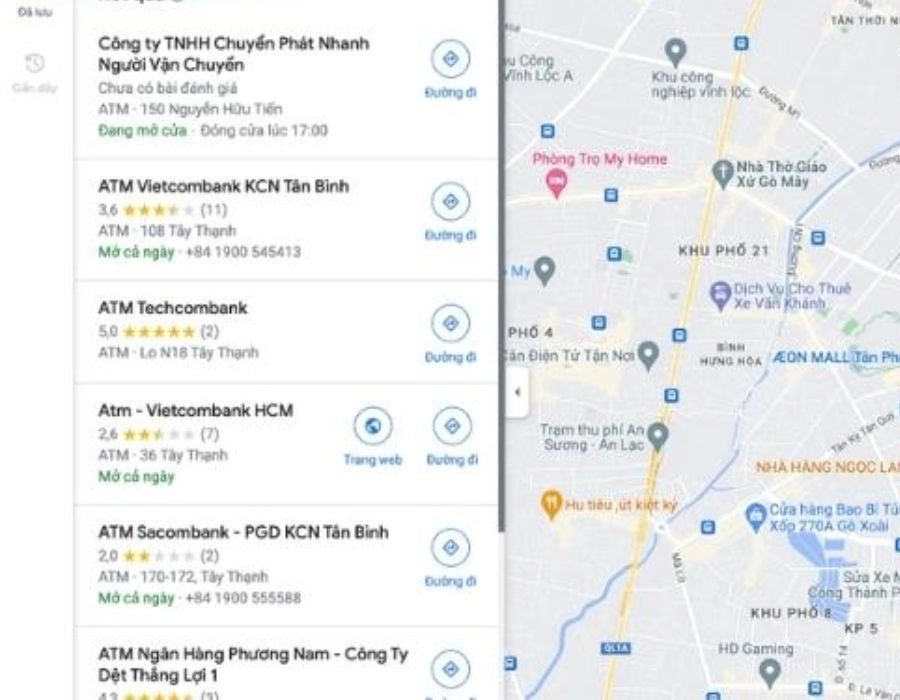 Google Map sẽ hiển thị danh sách các cây ATM