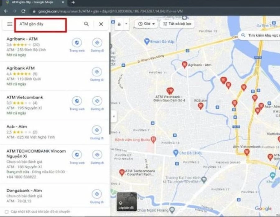 Cách tìm cây ATM gần nhất trên máy tính