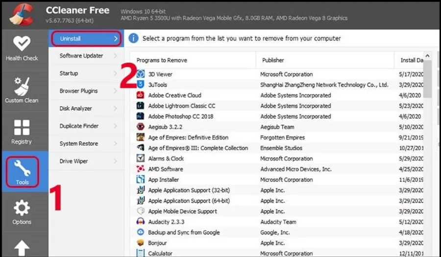 Chọn mục Tools > Chọn vào Uninstall