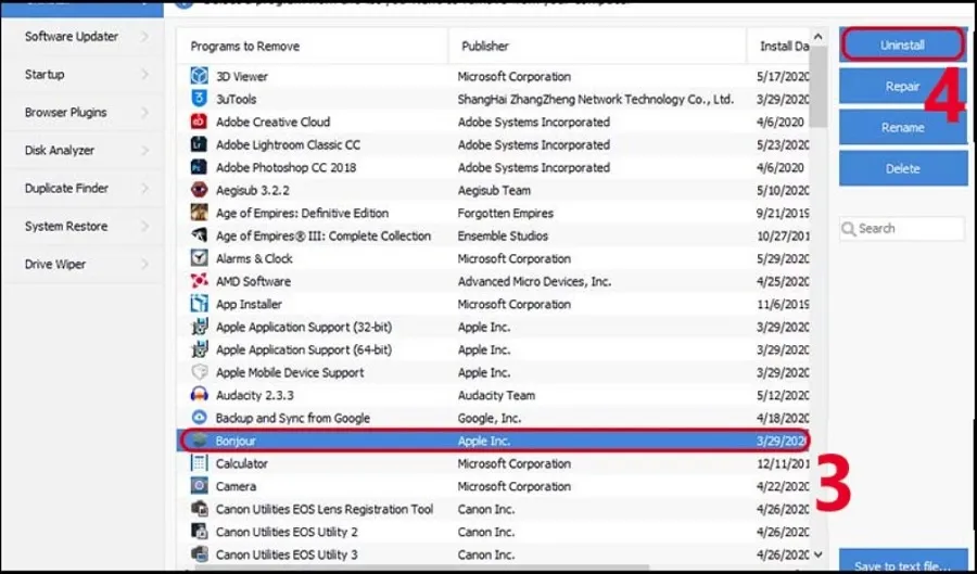 Chọn phần mềm cần xóa > Nhấn vào Uninstall
