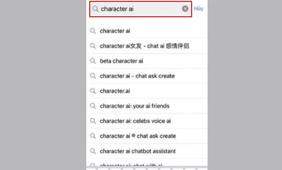 Tìm "Character AI" trên thanh tìm kiếm