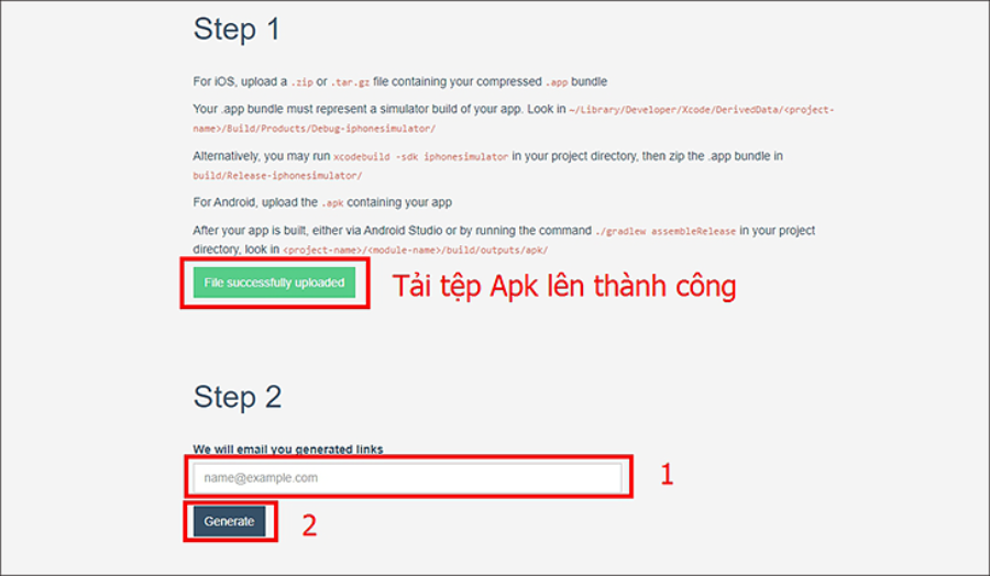 Nhập email và tạo đường link chạy giả lập