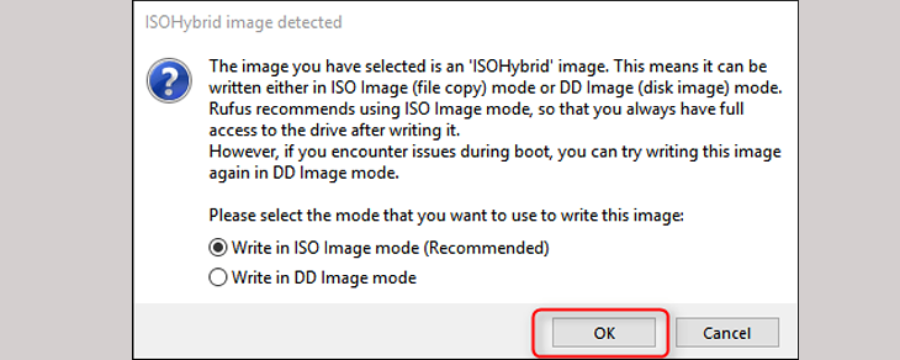 Xác nhận chế độ ghi file ISO