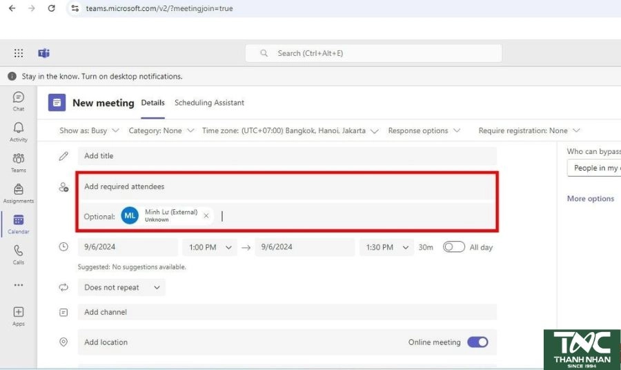 Mở cuộc họp đã tạo. Vào Calendar (Lịch) trong Microsoft Teams