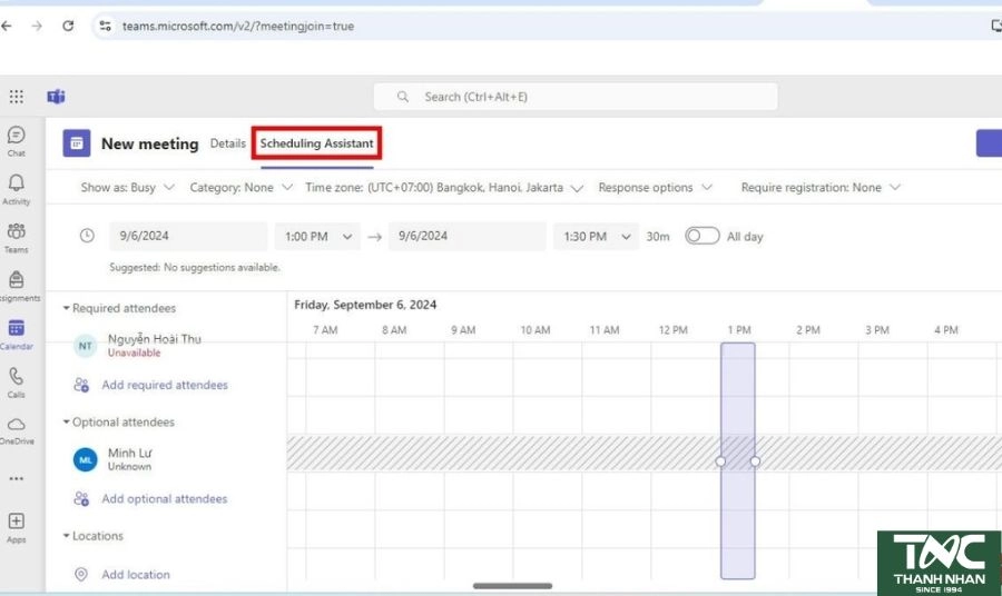 Trong mục Add required attendees, nhập email hoặc tên thành viên cần mời.