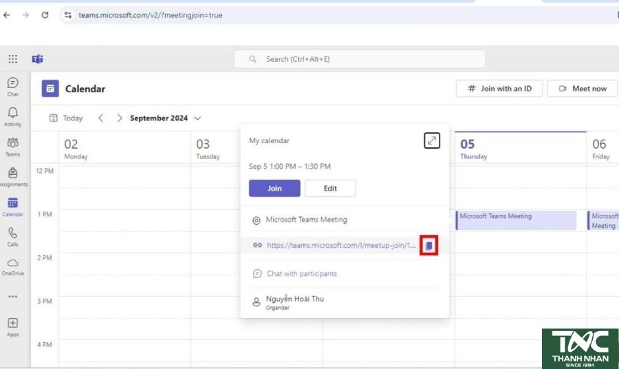 Sao chép link tham gia. Nhấn vào chi tiết cuộc họp và chọn Copy link “Join Microsoft Teams Meeting”