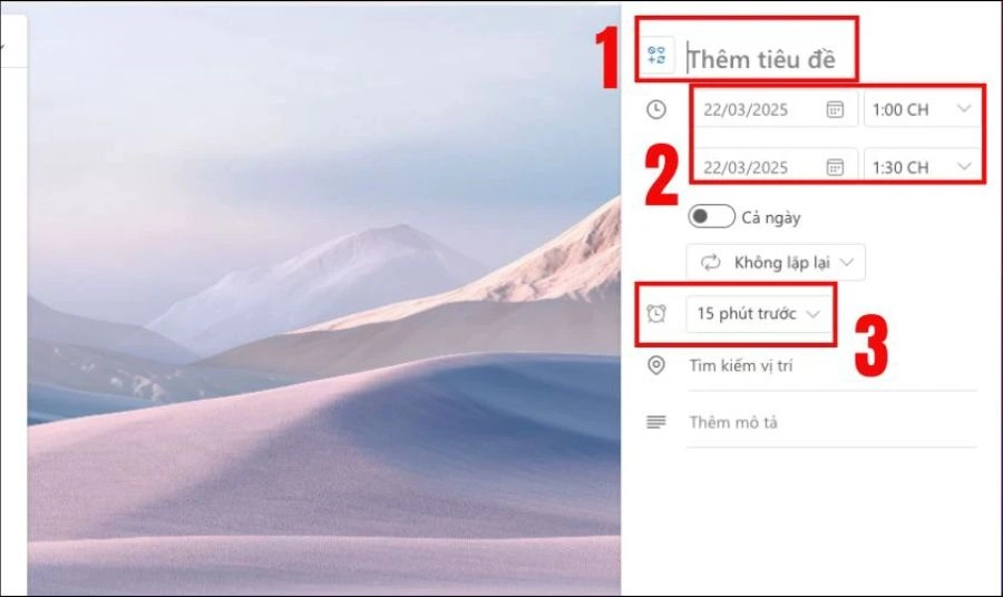 Nhập thông tin họp. Điền tiêu đề, chọn ngày hôm nay và thiết lập giờ 1:00 PM