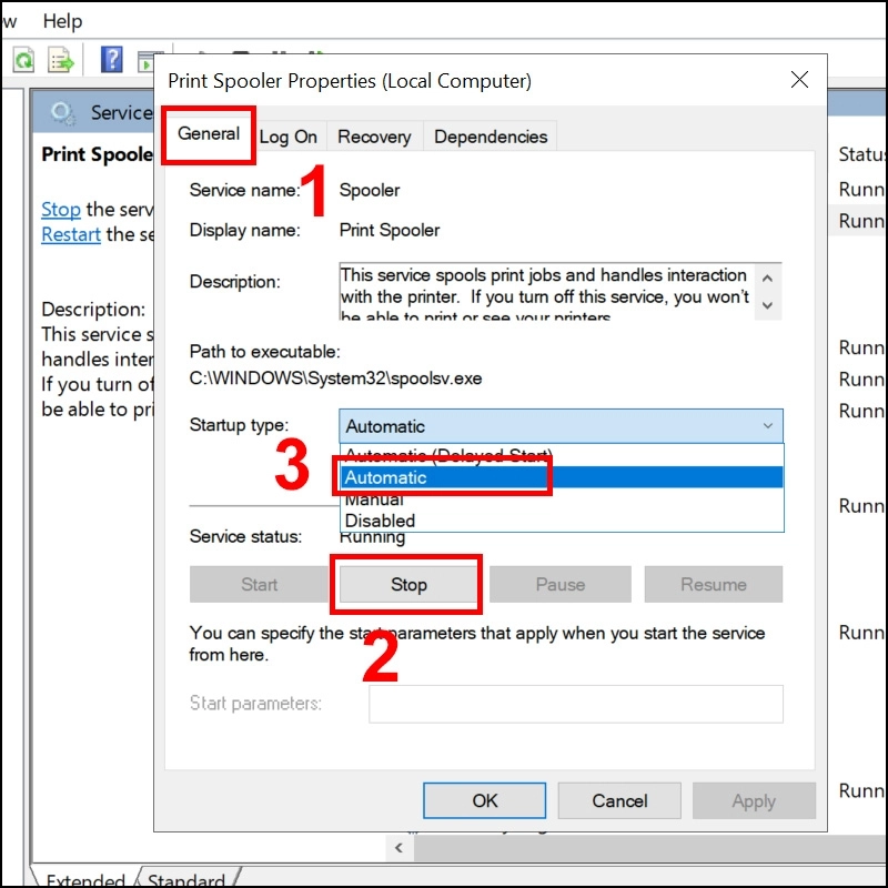 Tại thẻ General, tìm mục Startup type và chuyển sang chế độ Automatic