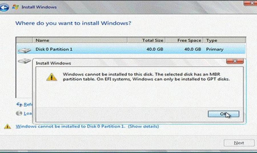 Lỗi “The selected disk is of the GPT partition style” là lỗi gì?