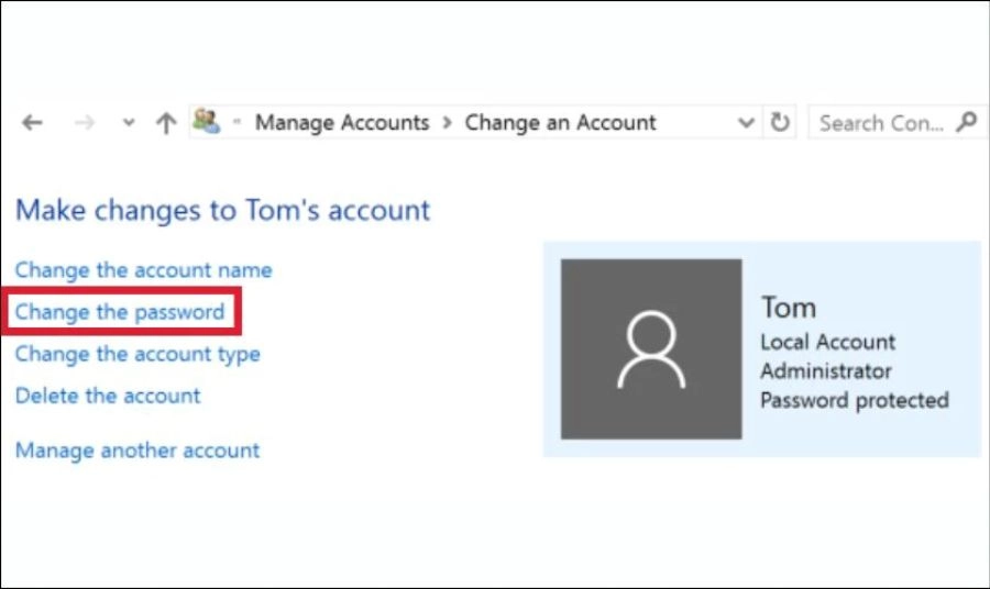 Chọn tài khoản mà bạn quên mật khẩu, nhấn Change the password.