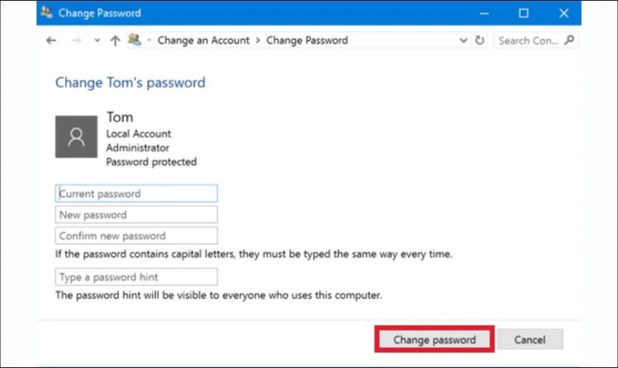 Nhập mật khẩu mới cho tài khoản đó và nhấn Change Password.