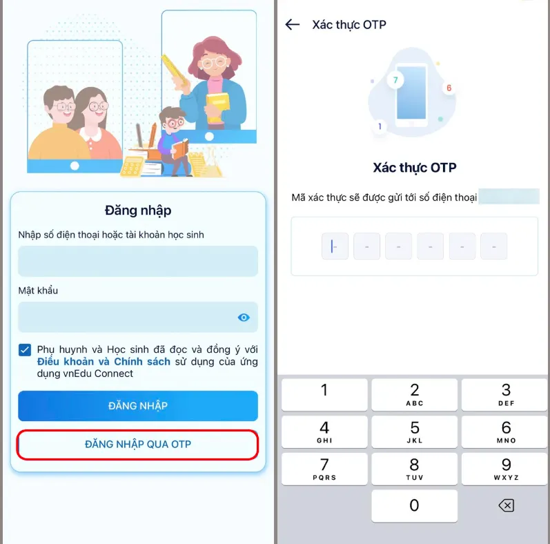 Nhập mã OTP qua số điện thoại bạn đăng nhập